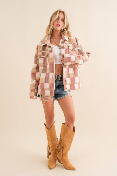 32845J - Checkered Teddy Chest Pocket Oversized Jacket: PINK / L