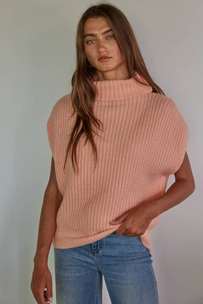 W1602 | Knit Sweater Ribbed Turtleneck Vest Top: Peach / L