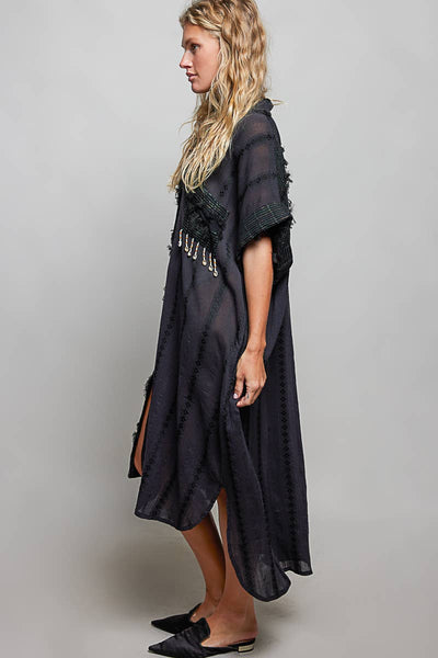 Dangle Trim Textured Cotton Oversized Long Shirt Dress