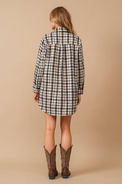 34224J - Yarn Dyed Plaid Metallic Wool Blend Button Jacket: BLACK / L