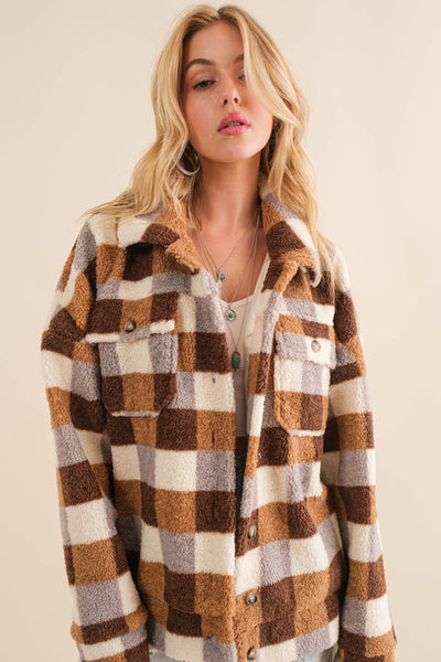 32845J - Checkered Teddy Chest Pocket Oversized Jacket: PINK / L