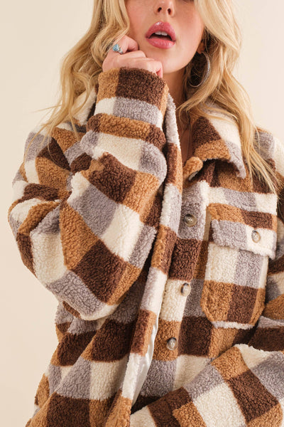 32845J - Checkered Teddy Chest Pocket Oversized Jacket: PINK / L