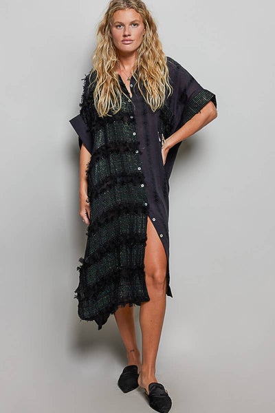 Dangle Trim Textured Cotton Oversized Long Shirt Dress