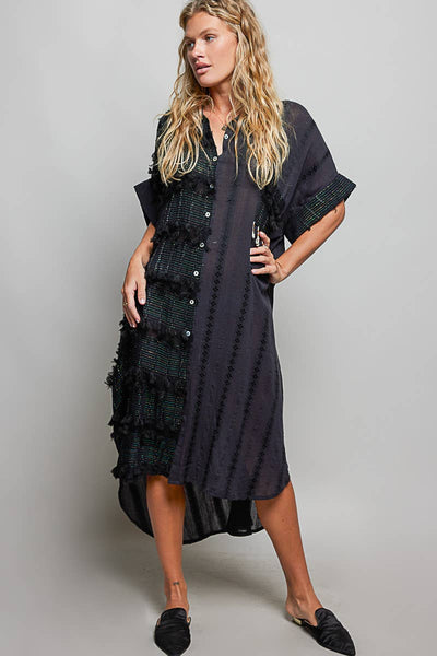 Dangle Trim Textured Cotton Oversized Long Shirt Dress