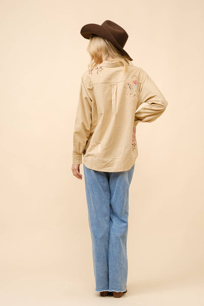 22894T -  Western Cowgirl Motif Button Up Linen Shirt Blouse: CAMEL / S-M-L (2-2-2)