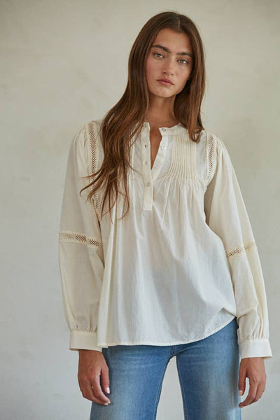 L7592 | Woven Cotton Long Sleeve Button Up Round Neck Top: Dusty Salmon / M