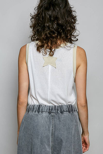 V-neck Sleeveless Front Star Patches Solid Basic Top SALE: NAVY / S