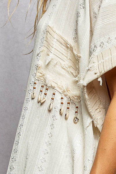 Dangle Trim Textured Cotton Oversized Long Shirt Dress