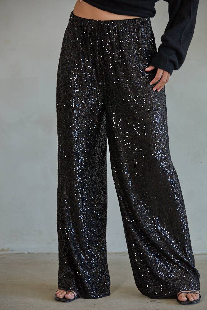 L7584 | Sequin Wide Leg Pants: Black / L