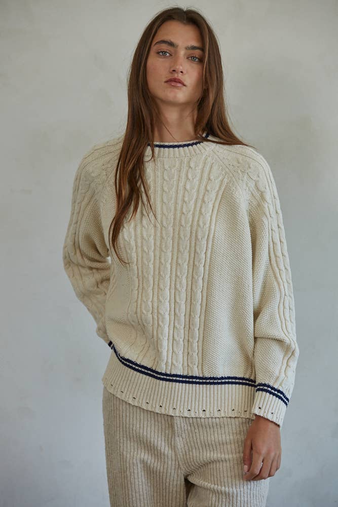 W1710 | Knit Sweater Cable Crew Neck Pullover: Natural / S