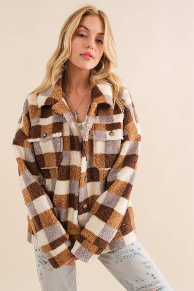 32845J - Checkered Teddy Chest Pocket Oversized Jacket: PINK / L