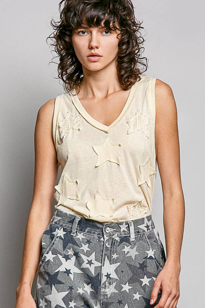 V-neck Sleeveless Front Star Patches Solid Basic Top SALE: NAVY / S