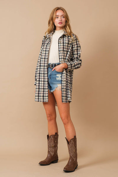 34224J - Yarn Dyed Plaid Metallic Wool Blend Button Jacket: BLACK / L