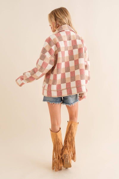 32845J - Checkered Teddy Chest Pocket Oversized Jacket: PINK / L