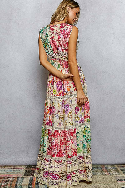 Feminine V-neck Smocked Waist Ruffle Floral Maxi Dress: CREAM MULTI / S