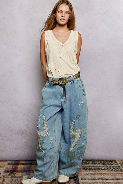 V-neck Sleeveless Front Star Patches Solid Basic Top SALE: NAVY / S