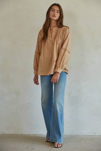 L7592 | Woven Cotton Long Sleeve Button Up Round Neck Top: Dusty Salmon / M