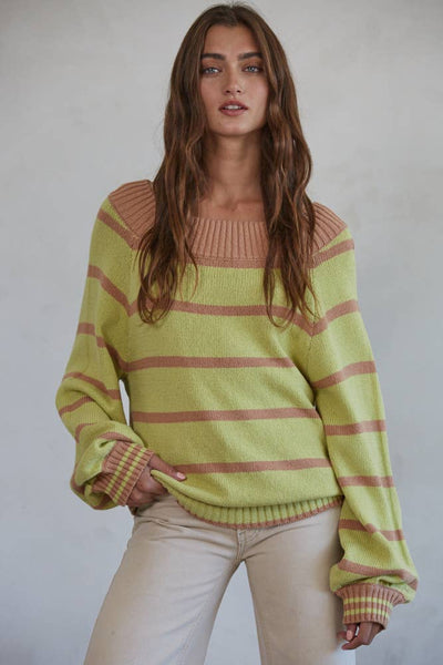 W1432 | Knit Sweater Striped Open Off Shoulder Top: Lime Mocha / M