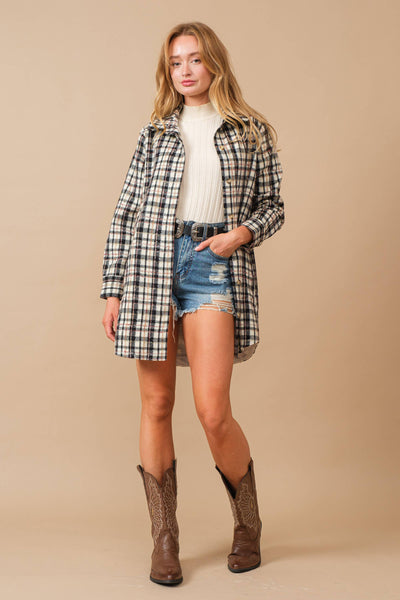 34224J - Yarn Dyed Plaid Metallic Wool Blend Button Jacket: BLACK / L