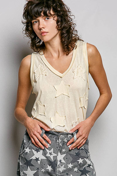 V-neck Sleeveless Front Star Patches Solid Basic Top SALE: NAVY / S