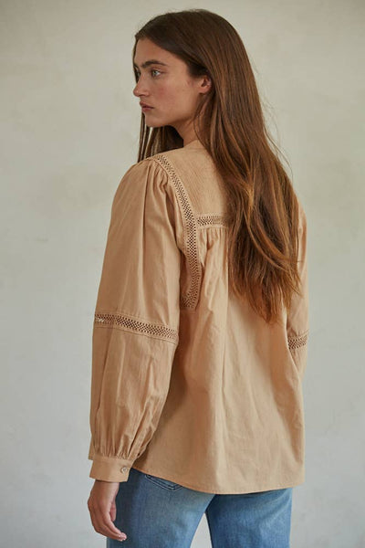 L7592 | Woven Cotton Long Sleeve Button Up Round Neck Top: Dusty Salmon / M