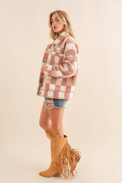 32845J - Checkered Teddy Chest Pocket Oversized Jacket: PINK / L