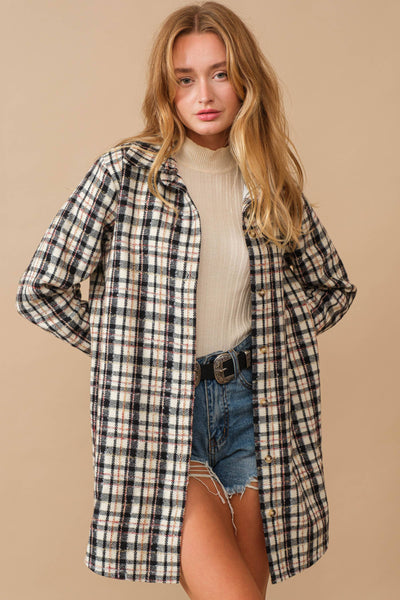 34224J - Yarn Dyed Plaid Metallic Wool Blend Button Jacket: BLACK / L