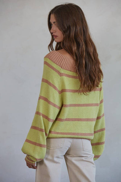 W1432 | Knit Sweater Striped Open Off Shoulder Top: Lime Mocha / L