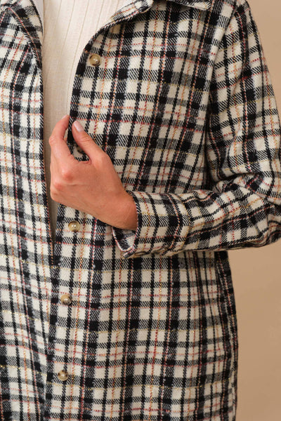 34224J - Yarn Dyed Plaid Metallic Wool Blend Button Jacket: BLACK / L