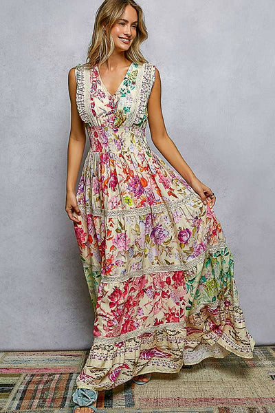 Feminine V-neck Smocked Waist Ruffle Floral Maxi Dress: CREAM MULTI / S