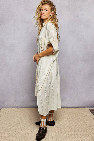 Dangle Trim Textured Cotton Oversized Long Shirt Dress