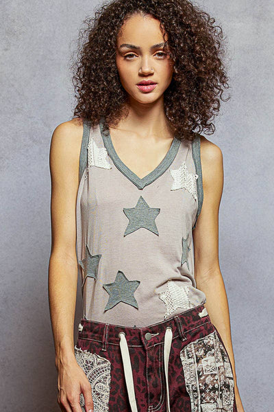 V-neck Sleeveless Front Star Patches Solid Basic Top SALE: NAVY / S