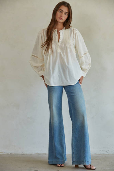 L7592 | Woven Cotton Long Sleeve Button Up Round Neck Top: Dusty Salmon / M