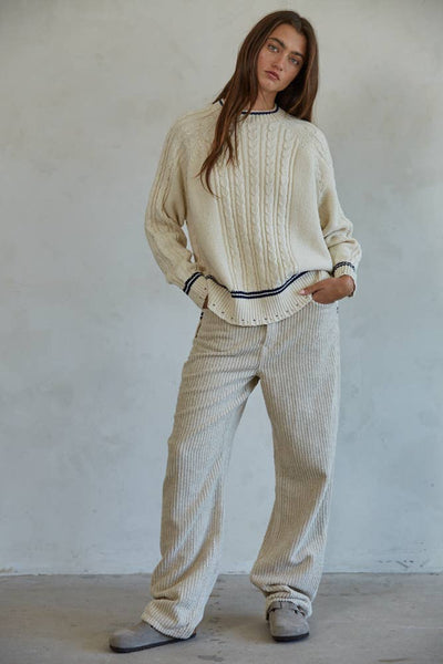 W1710 | Knit Sweater Cable Crew Neck Pullover: Natural / S