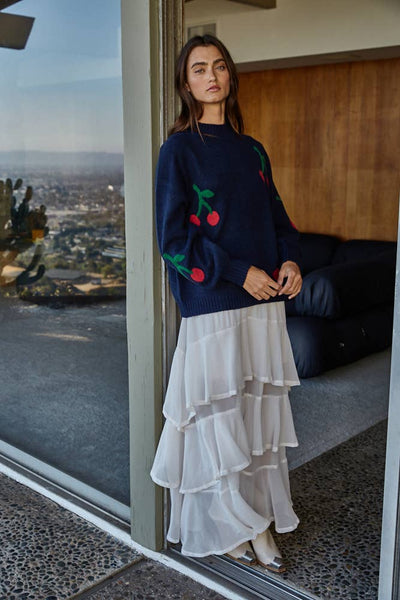 W2269 | Knit Sweater Acrylic Polyester Spandex Cherry Print: Warm Taupe / S