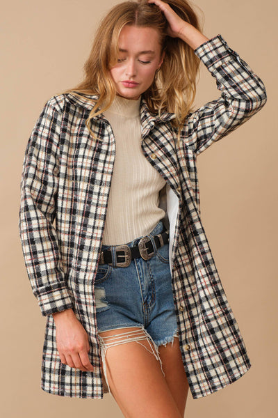 34224J - Yarn Dyed Plaid Metallic Wool Blend Button Jacket: BLACK / L