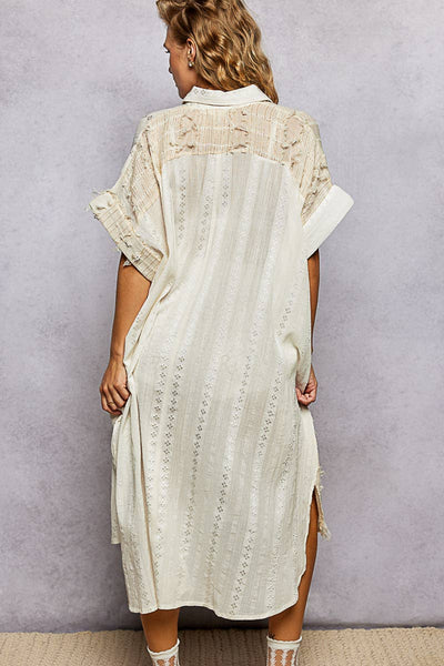 Dangle Trim Textured Cotton Oversized Long Shirt Dress