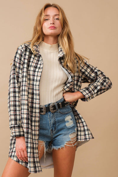 34224J - Yarn Dyed Plaid Metallic Wool Blend Button Jacket: BLACK / L