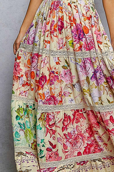 Feminine V-neck Smocked Waist Ruffle Floral Maxi Dress: CREAM MULTI / S