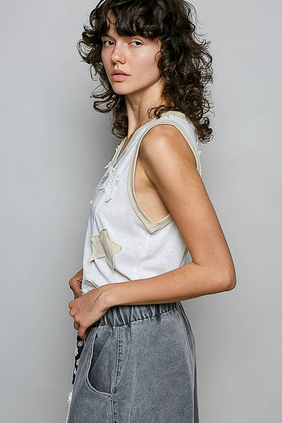 V-neck Sleeveless Front Star Patches Solid Basic Top SALE: NAVY / S