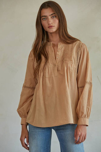 L7592 | Woven Cotton Long Sleeve Button Up Round Neck Top: Dusty Salmon / M