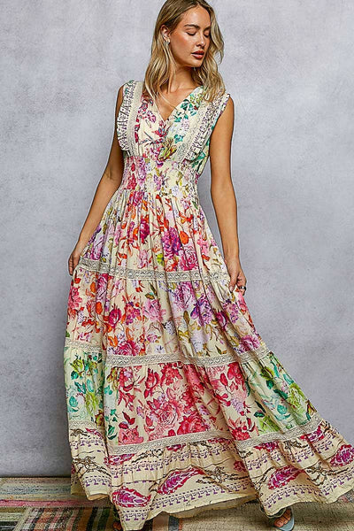 Feminine V-neck Smocked Waist Ruffle Floral Maxi Dress: CREAM MULTI / S
