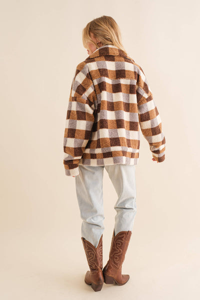 32845J - Checkered Teddy Chest Pocket Oversized Jacket: PINK / L