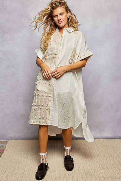 Dangle Trim Textured Cotton Oversized Long Shirt Dress