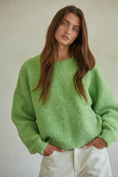 W1593 | Knit Sweater Long Sleeve Pullover Top: Lime Green / M