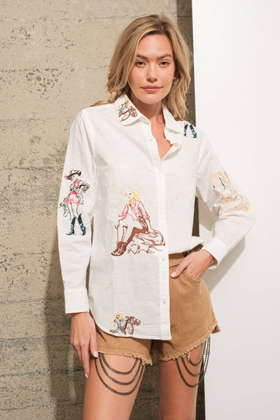 22894T -  Western Cowgirl Motif Button Up Linen Shirt Blouse: CAMEL / S-M-L (2-2-2)