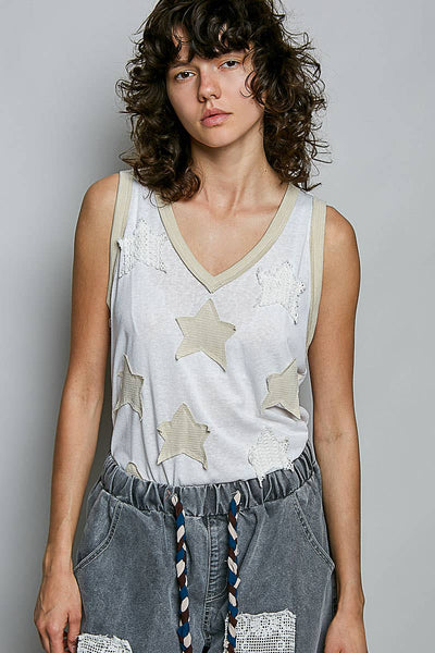 V-neck Sleeveless Front Star Patches Solid Basic Top SALE: NAVY / S