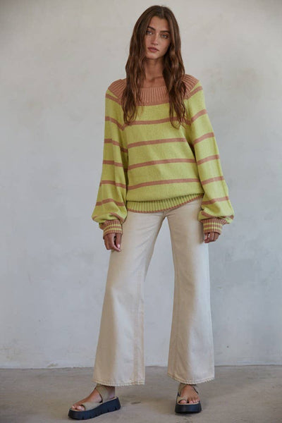 W1432 | Knit Sweater Striped Open Off Shoulder Top: Lime Mocha / S