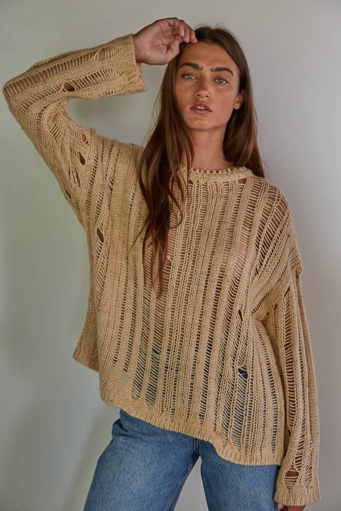 W1715 | Knit Sweater Crochet Pullover Top: Natural / S