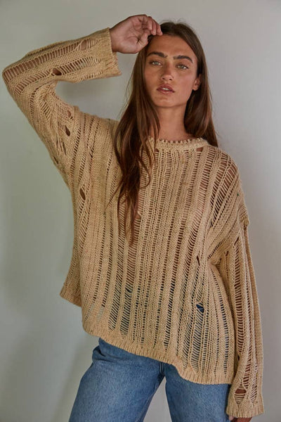 W1715 | Knit Sweater Crochet Pullover Top: Natural / L